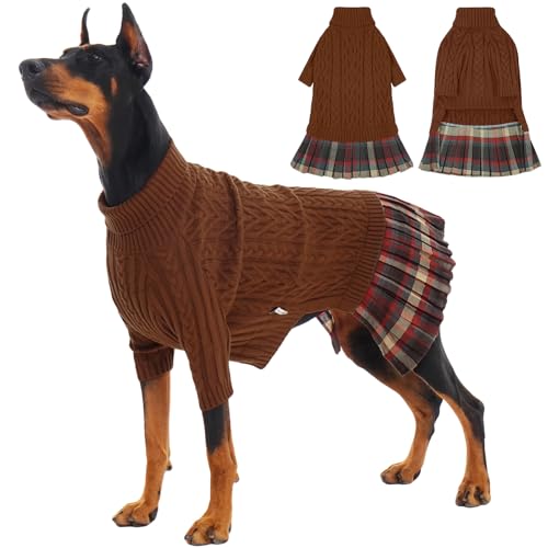 IECOii Girl XXL Dog Sweater Dress, Cozy Cable Knit Dog Sweater for Large Dogs Girl, Caramel,XXLarge, 2XL Pet Pullover Knitted Dress for Winter, Turleneck with Sleeve, Warm Sweaters for Female Pitbull