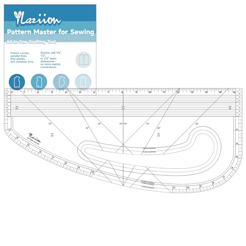 YLaziion 16" Imperial Acrylic Pattern Master Ruler, Clear 16THS Multi-Purpose French Curve Ruler, 45°& 60° Angle Lines, 3mm Non-Yellowing Hip Curve, Vary Form Curve Ruler for Sewing Pattern Making