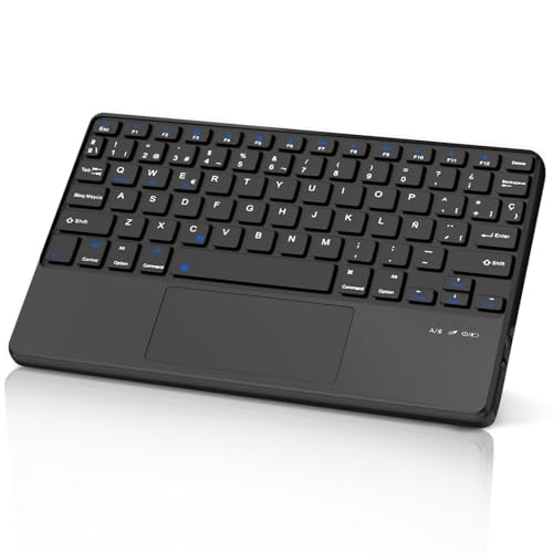 SENGBIRCH Teclado Bluetooth Español Ñ con Touchpad, Ultra-Delgado Teclado QWERTY Inalámbrico, Delgado y Ligero Keyboard para iPad, Android Samsung Tablet, Xiaomi Pad, Huawei, Lenovo, Negro