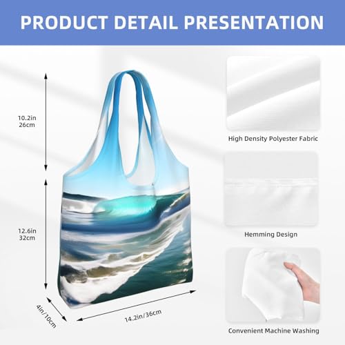 Clear Sky Wave Beach One-Shoulder Canvas Bag Reusable Tote Bags,Bulk Grocery, Shopping, Beach, Travel And Gift Use4
