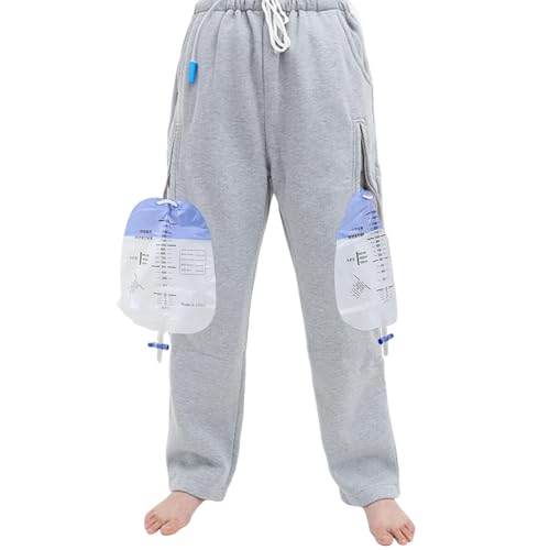 CEZATUVE Catheter Leg Bag Pants with 2 Hidden Pockets Holds 2000ml Urine Bags for Nephrostomy, Foley, Cystostomy, Urostomy, L Gray