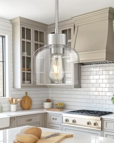 Image of 2-Pack Brushed Nickel Kitchen Pendant Lights, 7 inch Clear Glass Shade