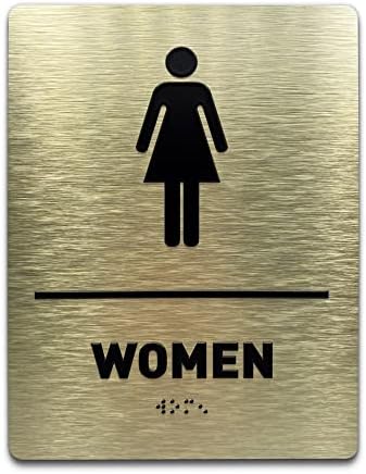 Womens Restroom Identification Sign - ADA Compliant Bathroom Sign, Raised Icons, Raised Braille, Brushed Gold, TCO Inspection Certified (6"W x 8"H) - by GDS
