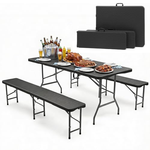 Sekey Bierzeltgarnitur Klappbar, Kunststoff Biertischgarnitur 180cm, 3-teilig Set Tisch + 2 x Bierbank mit Tragegriffe, Gartenmöbel Set für drinnen draußen, Festzeltgarnitur Rattan-Optik (Schwarz)
