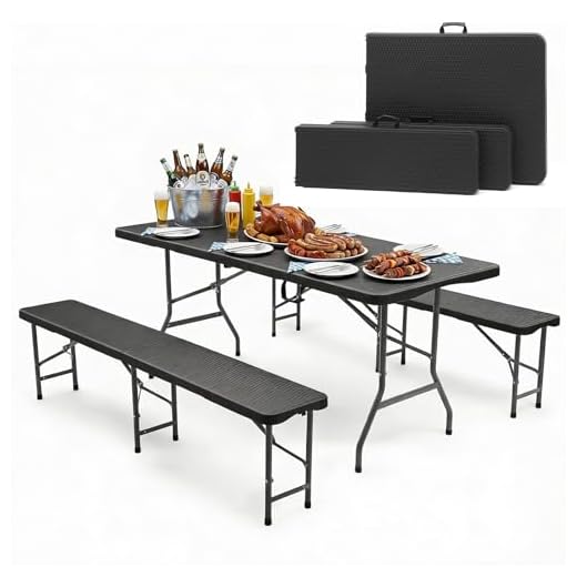 Sekey Bierzeltgarnitur Klappbar, Kunststoff Biertischgarnitur 180cm, 3-teilig Set Tisch + 2 x Bierbank mit Tragegriffe, Gartenmöbel Set für drinnen draußen, Festzeltgarnitur Rattan-Optik (Schwarz)