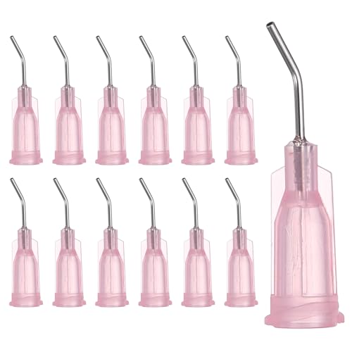 PATIKIL 20Ga Angled Dispensing Needles, 25Pcs 0.5Inch 45° Curved Industrial Blunt Tip Dispensing Needle Tips with Luer Lock Needle for Refilling Liquid Inks Adhesive Glue Oil, Pink