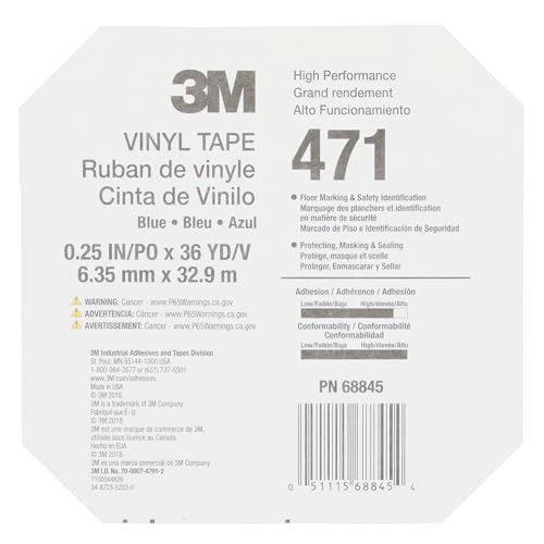 Image of 3M Vinyl Tape 471, 1 /4 in x 36 yd, Blue, 1 Roll, Blue Floor Tape, Paint Alternative for Floor Marking, Social Distancing, Color Coding, Safety Marking