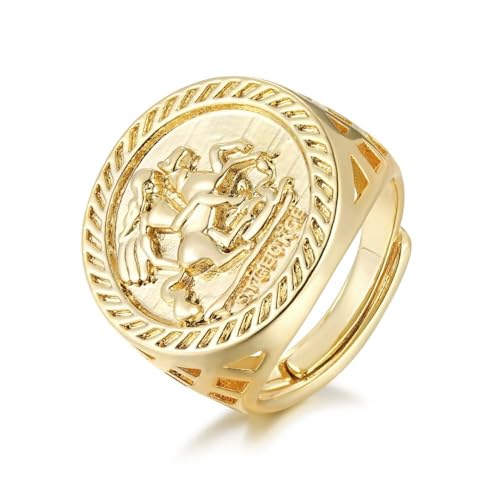 Gold St. George Sovereign Ring, Adjustable Ring with 18K Real Gold Plating, Premium Gold Fashion Ring Unique Jewellery Gift for Men and Teens (Size 10 - Adjustable to Fit Various Sizes)