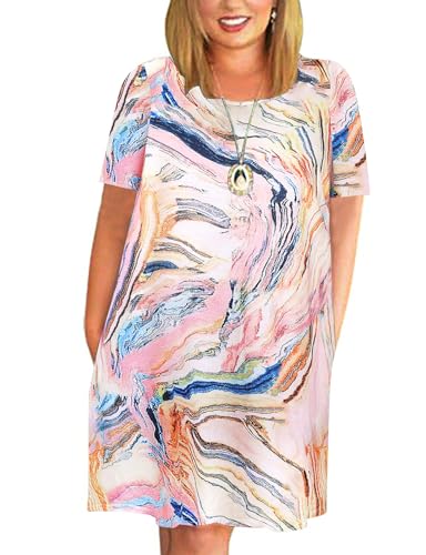 Image of Kancystore Women's Plus Size Summer Dresses Short Sleeve Casual T-Shirt Swing Dress with Pockets