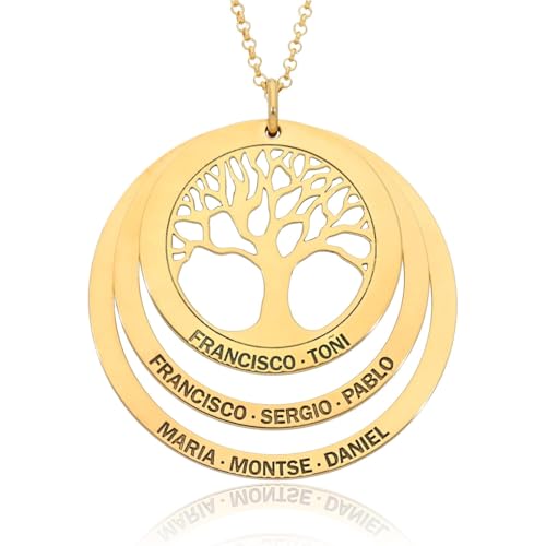 Collar Arbol de la Vida Personalizado para Mujer en Plata de Ley - con Cadena de 45 cm + Alargador - Regalo Original para Madres y Abuelas (Collar Arbol + 2 Aros Oro)