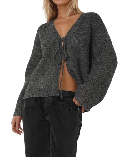 Women Tie Front Cardigans Sweater Lightweight Open Front Loose Fit Long Sleeve Knit Sweater Jackets Fall Outwear Top