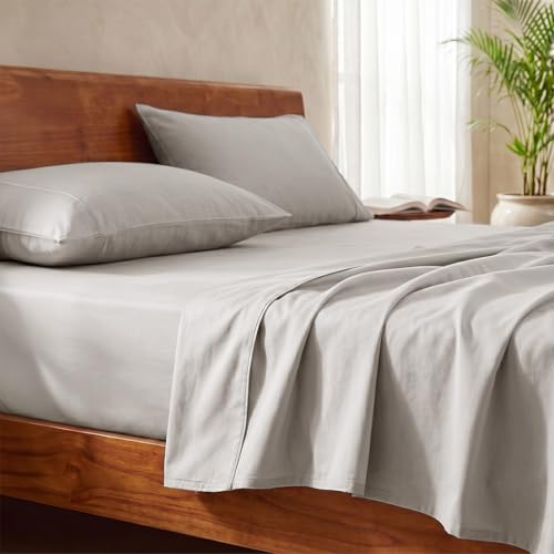 Image of LANE LINEN 100% Organic Cotton Bedsheet for Double Bed Queen Size - Silver | GOTS Certified, Percale Weave, 90x100 inches, Soft & Breathable, Machine Washable, Includes 2 Pillow Covers
