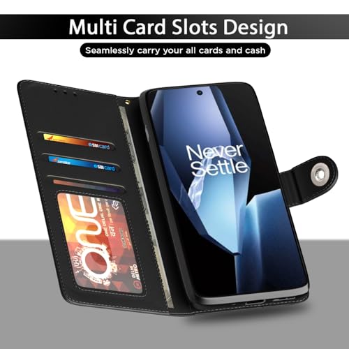 Image of Pikkme Flip Cover Leather Finish | Inside TPU with Card Pockets | Wallet Stand and Shock Proof | Complete Protection Button Flip Case for OnePlus 13R 5G(Black)
