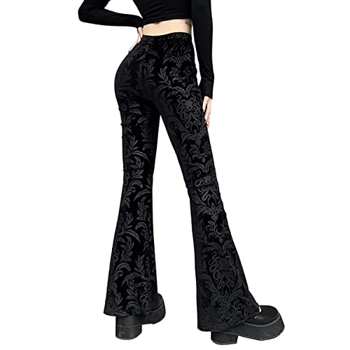 Women's Gothic Embossed Flare Pants Black Velvet Elastic Waist Bell Bottom Trousers2