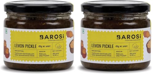Image of Barosi Lemon Pickle 350 gm, Authentic, Traditional and Handcrafted, Sustainable Glass packaging (Pack of 2)