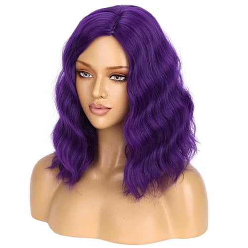 Image of BERON Purple Short Wig Women Girls Curly Wavy False Hair Wigs Body Costume Cosplay Daily Party Heat Resistant Synthetic Wigs