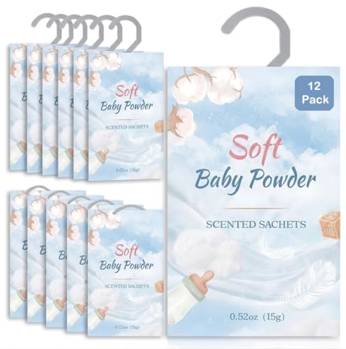 Image of 12 Packs Baby Powder Hanging Scented Sachets for Drawers and Closets with Retractable Hook| Long-Lasting Closet Air Freshener & Closet Deodorizer | Closet Scent Freshener