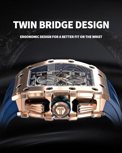 TSAR BOMBA Men's Luxury Quartz Watch, Luminous Dial 5ATM Water Resistance Silicone Strap Men's Wristwatch Ideal Gift for MenBlue Gold - 3