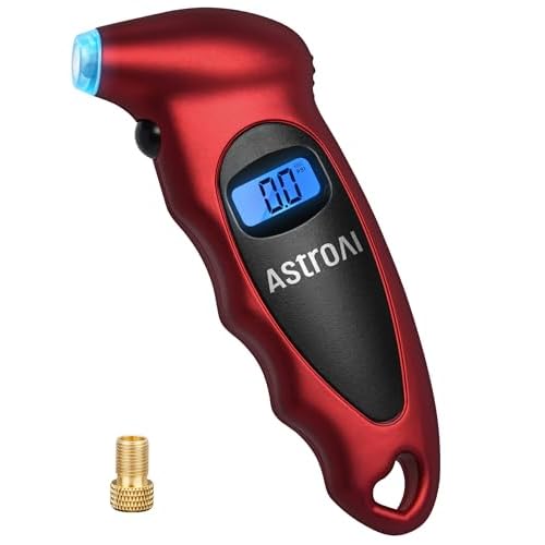 AstroAI Digital Tire Pressure Gauge 0-150PSI, Accurate in 0.1 Increments, Tire Pressure Gauge with Backlit LCD and Presta Valve Adaptor, 4 Units of Measurement for Car Truck Bicycle, Red