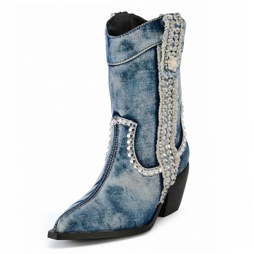 Wide Calf Denim Boots for Women Cowboy Boots Pointed Toe Chunky Block Heel Jeans Ankle Short Boots