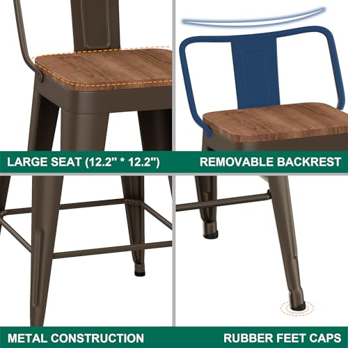 Image of WENTMENT Industrial Rusty Bar Stools Set of 4, 24 inch Counter Height, Wooden Seat, Removable Back, Stackable