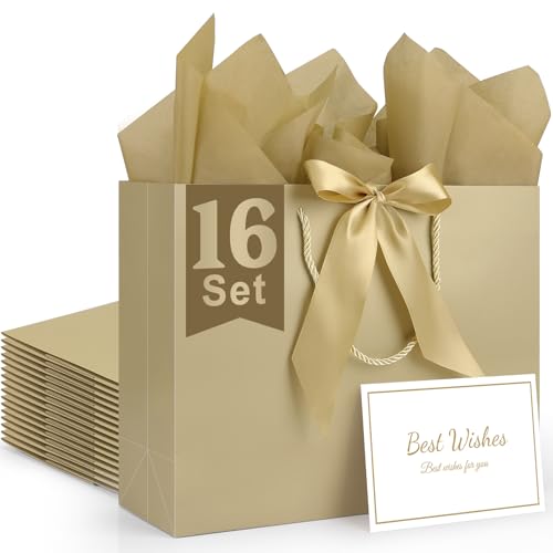TUXIYA 16P Champagne Gift Bags with 16 Ribbon,16 Greeting Card 12.6x9.8x4.3