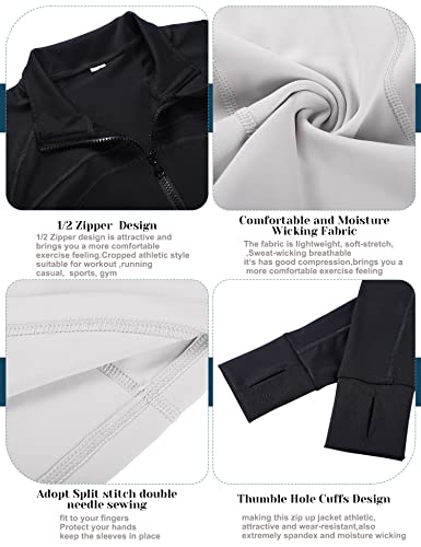 Neer 2 Pack Women's Workout Long Sleeve Jackets, 1/2 Zip Pullover Yoga Crop Tops Slim Fit Running Top With Thumb Holes (Black, Ivory Gray, Medium) #TOP3