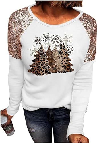Image of Women Leopard Christmas Trees Snowflake Sequined Splicing Blouse T Shirts Xmas Graphics Print Casual Long Sleeve Tees