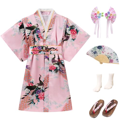 Cutey May Japanese Traditional Dress for Girls Costume Kimono for Kids Set (Pink 10-12Years(150cm))