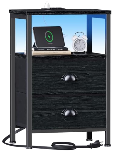 Image of Furologee Nightstands with Charging Station, End Table with LED Lights, Black Night Stands with 2 Fabric Drawers, Bedside Tables with Shelves for Living Room /Bedroom,Black Oak