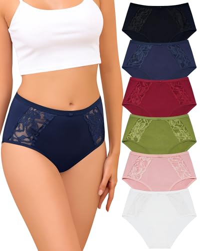 Image of Levao Underwear Women Cotton Knickers High Waisted Sexy Lace Slips Hipster Ladies Soft Briefs Breathable Comfortable Panties Underpants Multipack 6 Pack(S-XL)