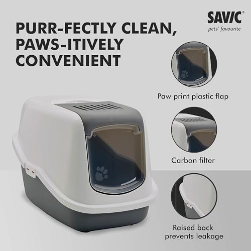 Image of Savic Nestor Covered Cat Litter Box for Indoor Cats, Enclosed Hooded Cat Toilet Home with Flip-Up Door, Odor Control & Easy Cleaning Design - Cold Grey, 22x15x15 Inch