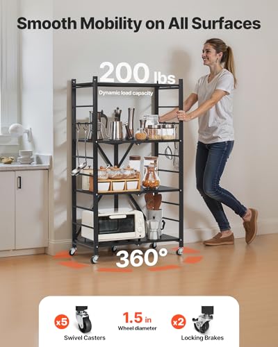 Image of VEVOR 4-Tier Foldable Storage Shelf, 26W x 13D x 46H Inch Folding Metal Rack Shelving Unit, No Assembly Organizer Shelf with 5 Wheels & 4 Hooks for Pantry, Kitchen, Garage, Basement, Black