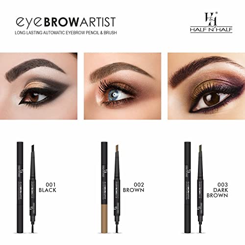 Image of Half N Half Eye Brow Artist Long Lasting Automatic Eyebrow Pencil & Brush | Sleek spoolie brush | Long-Lasting & Natural looking results | retractable pencil easy to use | Perfect arch - Black
