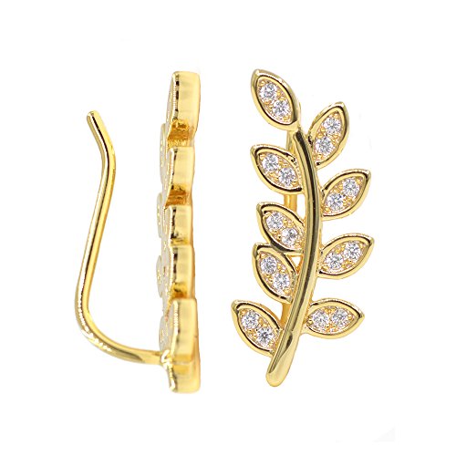 Leaf Ear Climbers Tiny Delicate Branch Stud Earrings Pin Wrap 14K Gold Plating