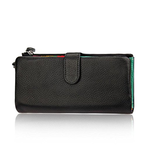 AprinCtempsD Damen Geldbörse Echt Leder Portemonnaie Bunt Clutch Lange Geldbeutel Große Kapazität mit Reißverschluss (Schwarz) Cover