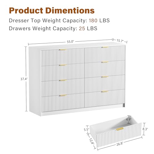 Image of Furniway White Dresser Bedroom Set 3 Pieces, Nightstands Sets of 2, 8 Drawer Dresser with Gold Handles for Bedroom