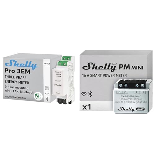 Shelly Pro 3EM (120A) | WLan & Bluetooth Smart Energy Monitoring 3-Phasen-Relaisschalter & PM Mini Gen 3 | Intelligenter WLAN- und Bluetooth-Leistungsmesser 1 Kanal 16 A