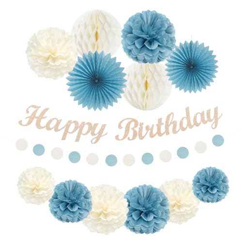 Image of Dusty-Blue White Birthday Party-Decorations Paper-Flowers - 14pcs Happy Banner Boy Lanterns Tissue Pom Poms,Men Streamers Garland Fans Honeycomb,Baby Teen Male Kids Hanging Supplies Decor Hugfond
