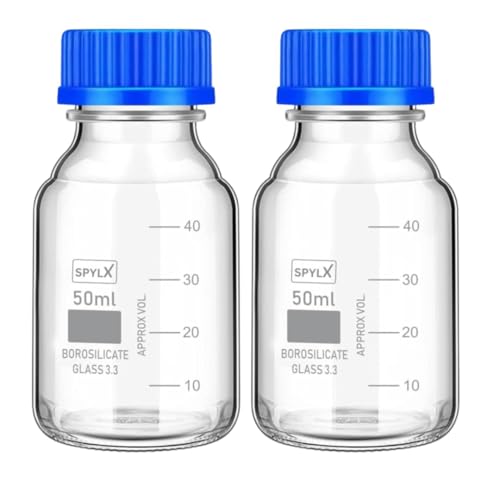 Image of Borosilicate Glass reagent bottle 50ml with leak proof Blue Screw Cap pack of 2 for glassware wide mouth chemical bottles for lab, laboratory, kitchen and professional use