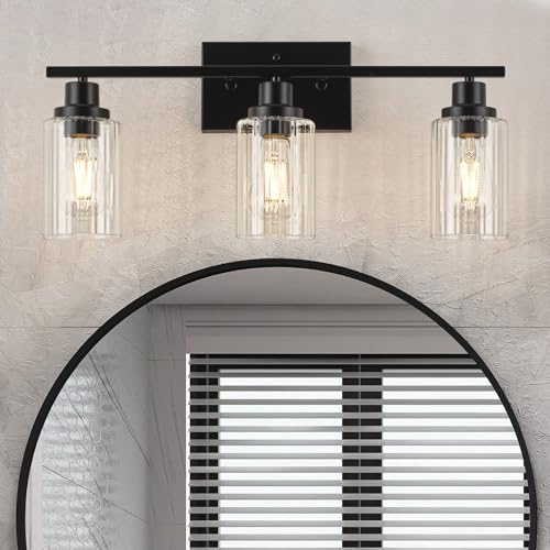 Image of Jonsi 3 Light Modern Black Bathroom Vanity Lights with Fluted Glass Shade, Modern Black Bathroom Lights Over Mirror