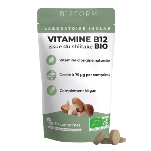 INOLAB VITAMINE B12 - Biologique, Vegan/Extrait de Shiitaké Bio/Methylcobalamine, Adénosylcobalamine & Hydroxocobalamine/B12FORM Haute biodisponibilité