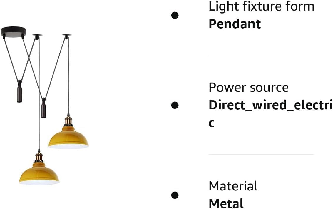 LEDSone Lámpara colgante de araña de 2 cabezas, pantalla metálica de 29 cm, cable ajustable de 195 cm, casquillo Edison vintage E27 de 60 W, iluminación industrial retro. (Amarillo)