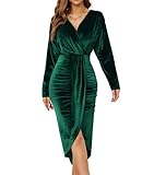 NiPaMi Women's V Neck Batwing Long Sleeve Ruched Dress Sexy Velvet Cocktail Party Evening Club Midi Dresses(Dark Green,L)