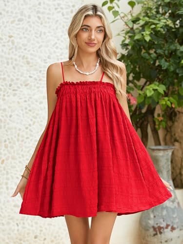 Image of MakeMeChic Women's Babydoll Dress Sleeveless Swing Shirred Mini Dresses | Beach, Summer, Sundress, Ruffle, Casual Dress, Flowy Dress
