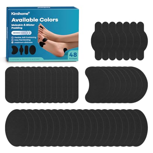 Kimihome Moleskin anti-bolle, 48 pezzi Moleskin per piedi, cerotti autoadesivi per la prevenzione delle vesciche per alleviare il dolore, colore nero con 4 forme