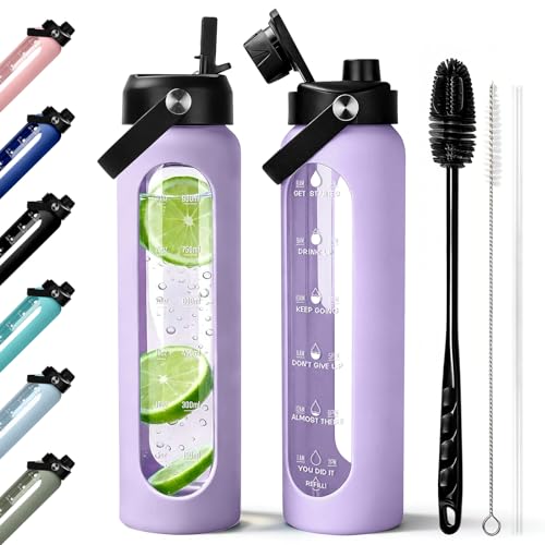 Image of Aqulea 32 oz Glass Water Bottle with 2 Lids - Spout & Straw Lids, 1L Motivational Borosilicate Glass Water Bottle with Time Marker & Silicone Sleeve, Leakproof (Purple)