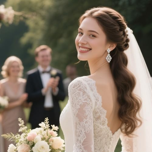 BriLove Wedding Bridal Simulated Pearl Earrings for Women Crystal Hollow Rhombus Chandelier Dangle Jewelry Clear Silver-Tone Ivory Color2