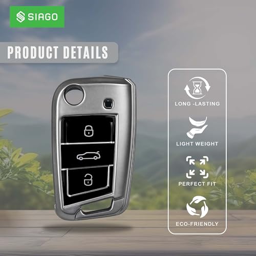 Image of SIAGO TPU Key Cover and Round Key Chain Compatible with Skoda & Volkswagen Cars Kylaq | Slavia | Kushaq | Octavia | Virtus | Taigun | Tiguan | T ROC 3 Button Flip Key (Grey)