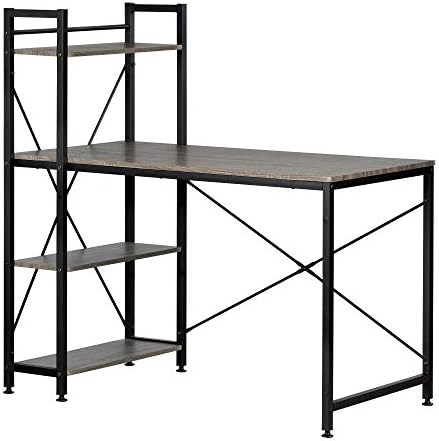South Shore Evane Industrial Desk With Bookcase, Oak Camel